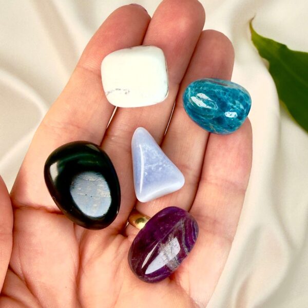 Angst krystal healingssæt liggende på hånd med hvid baggrund med grønt blad