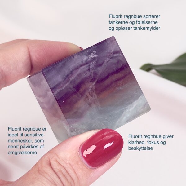 Fluorit regnbue krystal sten kube terning firkant i hånd med hvid baggrund og grønt blad med tags