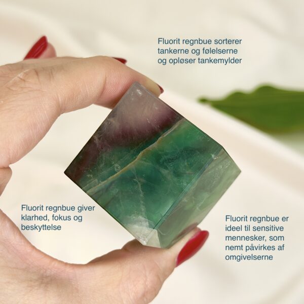 Fluorit regnbue krystal sten kube terning firkant i hånd med hvid baggrund og grønt blad med tags