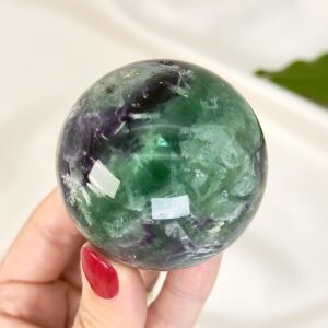Fluorit regnbue krystal sten kugle i hånd med hvid baggrund og grønt blad