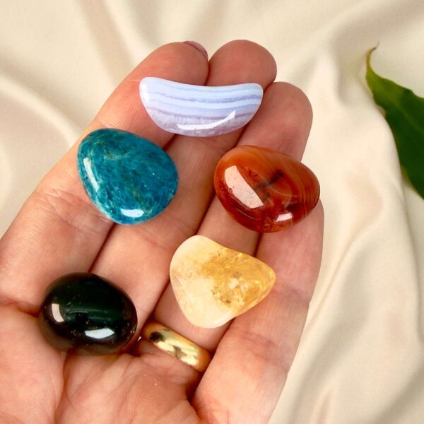 Kreativitet krystal healingssæt liggende på hånd med hvid baggrund med grønt blad