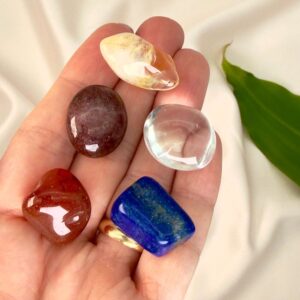 Mindsker træthed krystal healingssæt liggende på hånd med hvid baggrund med grønt blad