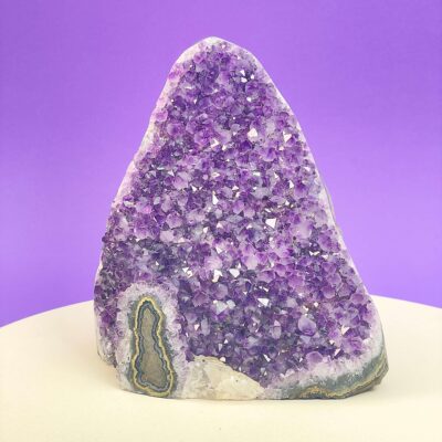 Ametyst krystal rå grotte klynge sten i hånd med hvid baggrund og grønt blad
