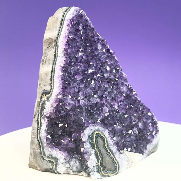 Ametyst krystal rå grotte klynge sten på hvid plade med lilla baggrund fra siden