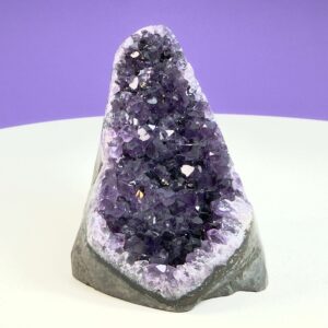 Ametyst krystal rå grotte klynge sten på hvid plade med lilla baggrund