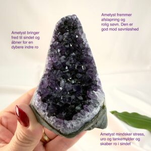 Ametyst krystal rå grotte klynge sten i hånd med hvid baggrund og grønt blad med tags