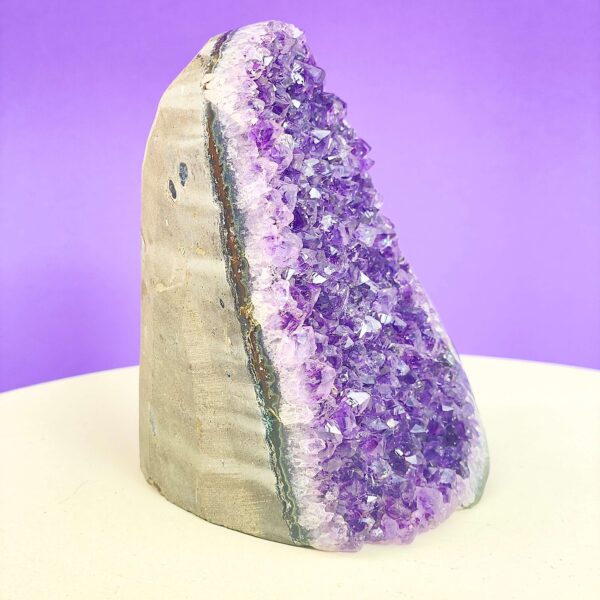 Ametyst krystal rå grotte klynge sten i hånd med hvid baggrund og grønt blad fra siden