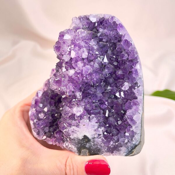 Ametyst krystal rå grotte klynge sten i hånd med hvid baggrund og grønt blad