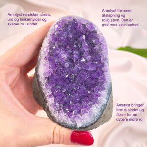 Ametyst krystal rå grotte klynge sten i hånd med hvid baggrund og grønt blad med tags