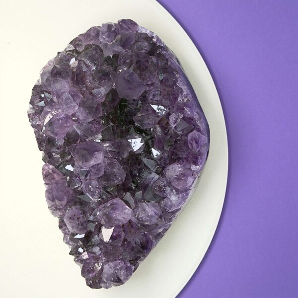 Ametyst krystal rå grotte klynge sten på hvid plade med lilla baggrund