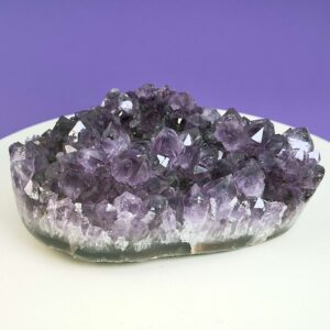 Ametyst krystal rå grotte klynge sten på hvid plade med lilla baggrund skrå