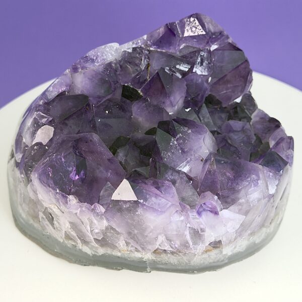 Ametyst krystal rå grotte klynge sten på hvid plade med lilla baggrund