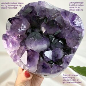 Ametyst krystal rå grotte klynge sten i hånd med hvid baggrund og grønt blad med tags