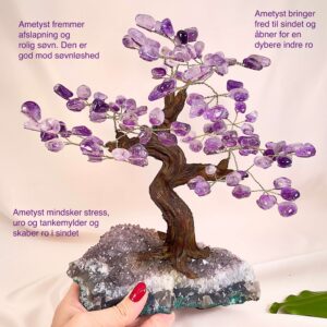 Ametyst træ på krystal bund i hånd med lys baggrund og grønt blad med tags