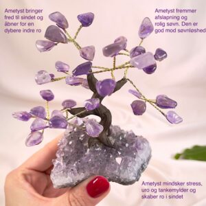 Ametyst træ på krystal bund i hånd med lys baggrund og grønt blad