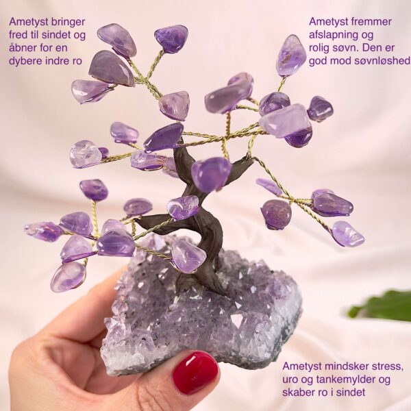 Ametyst træ på krystal bund i hånd med lys baggrund og grønt blad