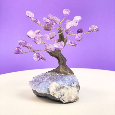 Ametyst træ på krystal bund på hvid plade med lilla baggrund