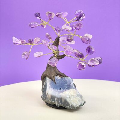 Ametyst træ på krystal bund på hvid plade med lilla baggrund