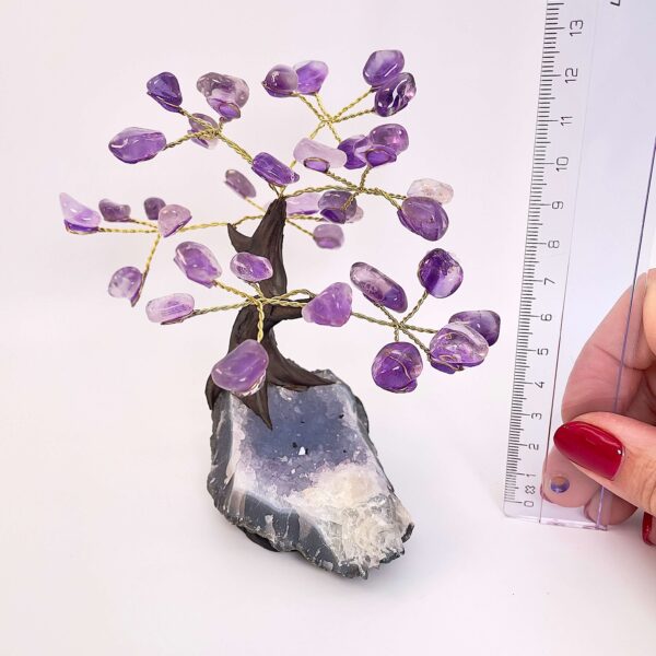 Ametyst træ på krystal bund ved siden af lineal med hvid baggrund