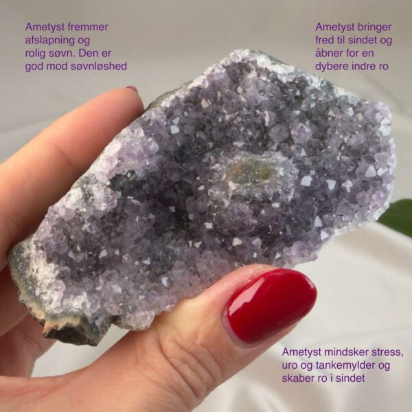 Ametyst krystal rå klynge sten i hånd med hvid baggrund og grønt blad med tags