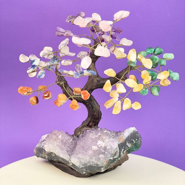 Ametyst bjergkrystal citrin karneol aventurin sodalit rosakvarts træ på krystal bund på hvid plade med lilla baggrund