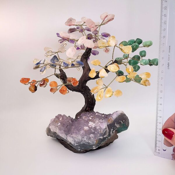 Ametyst bjergkrystal citrin karneol aventurin sodalit rosakvarts træ på krystal bund ved side af lineal på hvid baggrund