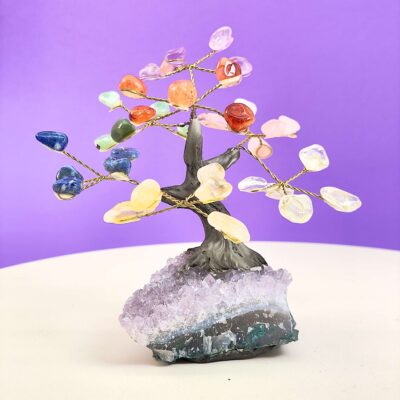 Ametyst bjergkrystal citrin karneol aventurin sodalit rosakvarts træ på krystal bund på hvid plade med lilla baggrund