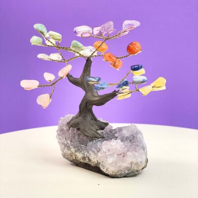 Ametyst bjergkrystal citrin karneol aventurin sodalit rosakvarts træ på krystal bund på hvid plade med lilla baggrund