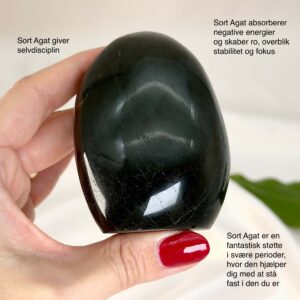 Sort Agat Freeform krystal sten i hånd på hvid baggrund med tags