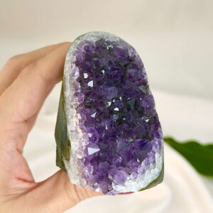 Ametyst krystal rå grotte klynge sten i hånd med hvid baggrund
