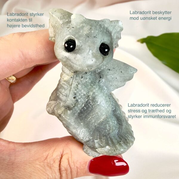 Labradorit krystal babydrage mellem fingre på hvid baggrubd med grønt blad med tags