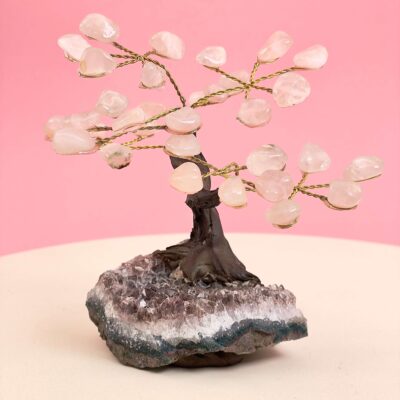 Rosakvarts træ på krystal bund på hvid plade med lyserød baggrund