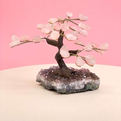 Rosakvarts træ på krystal bund på hvid plade med lyserød baggrund