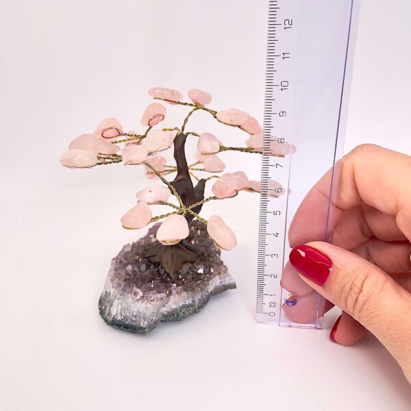 Rosakvarts træ på krystal bund ved siden af lineal med hvid baggrund