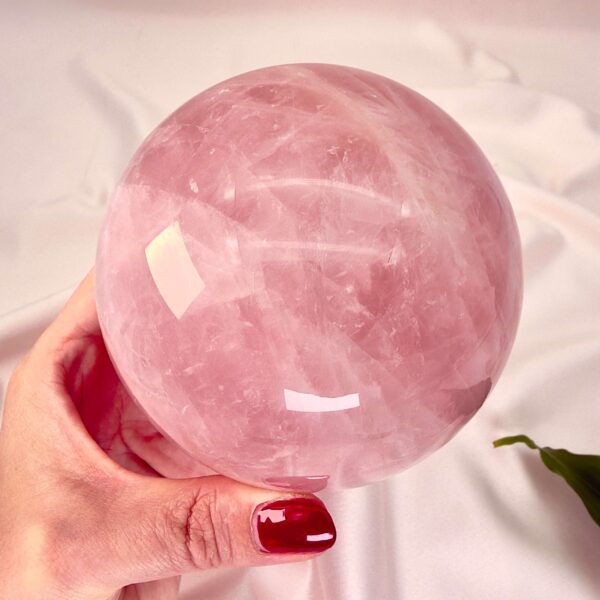 Rosakvarts krystal kugle imellem fingre på hvid baggrund med grønt blad
