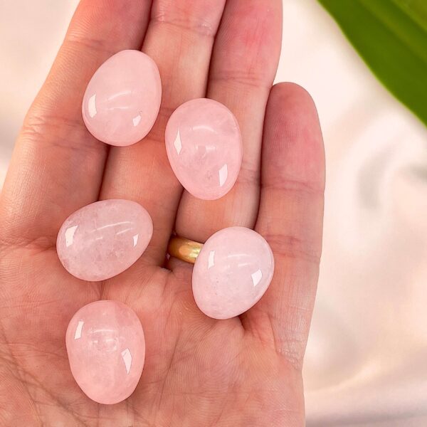 Rosakvarts mini æg i hånd med blad i baggrunden