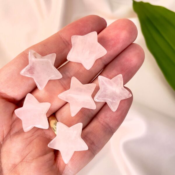 Rosakvarts mini stjerner i hånd med hvid baggrund og et blad
