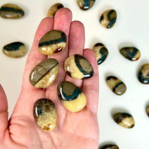 Septarie Dråbe Lommesten krystal i hånd på hvid baggrund