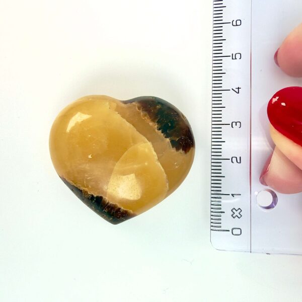 Septarie lille krystal hjerte ved siden af lineal på hvid baggrund