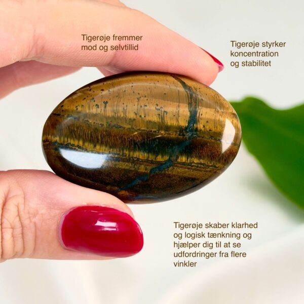 Tigerøje krystal håndsten mellem fingre på hvid baggrund med grønt blad med tags