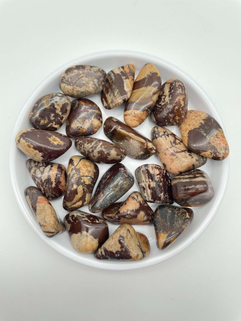 Jaspis nguni krystal i hvidt fad med hvid bagggrund