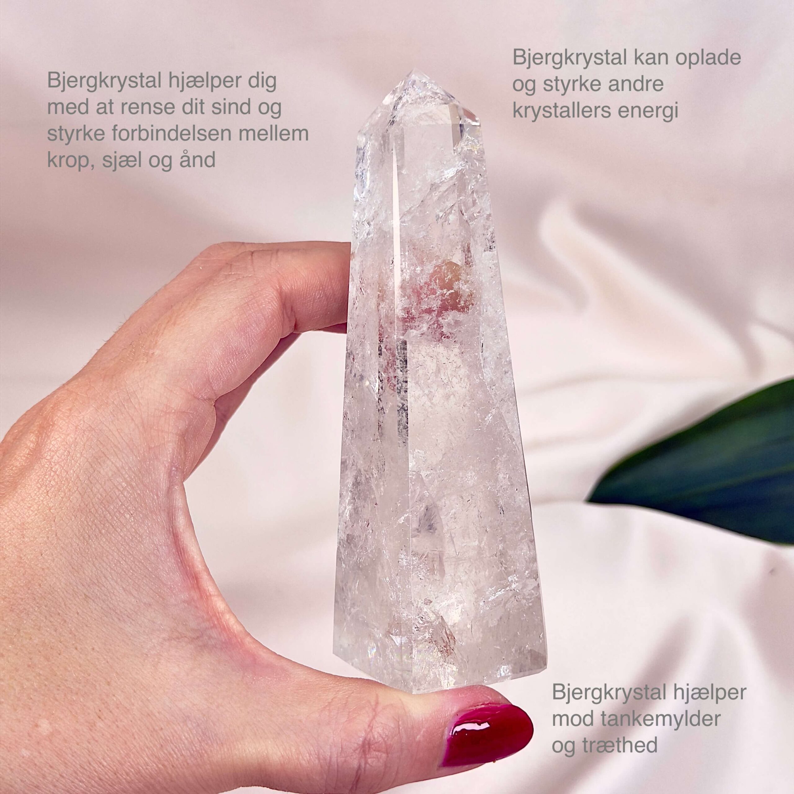 Bjergkrystal Tårn Krystal sten i hånd på hvid baggrund med tags