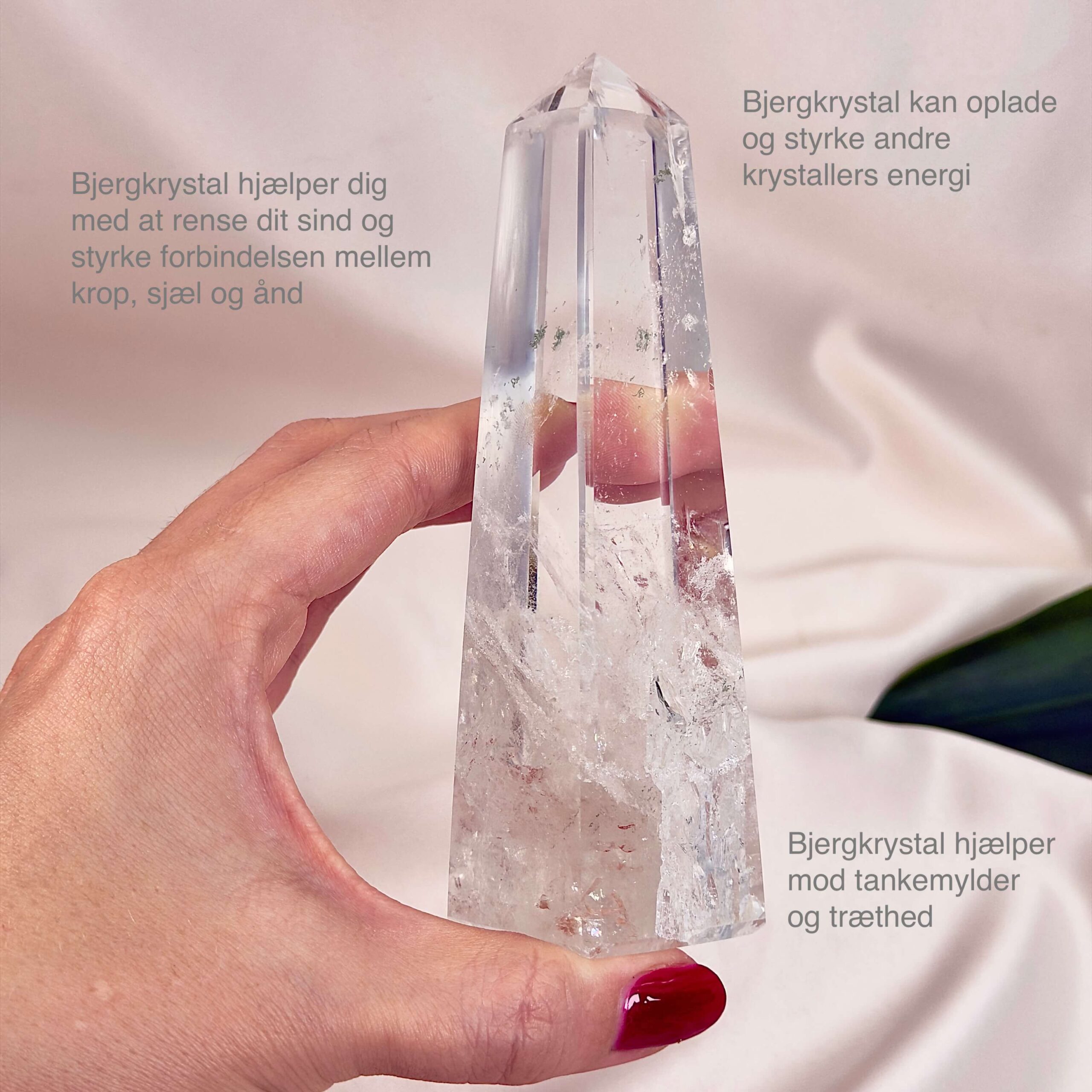 Bjergkrystal Tårn Krystal sten i hånd på hvid baggrund med tags