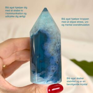 Agat blå krystal spids sten i hånd på hvid baggrund med tags