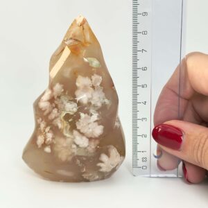 Agat Blomst Freeform Flamme krystal sten med lineal på hvid baggrund