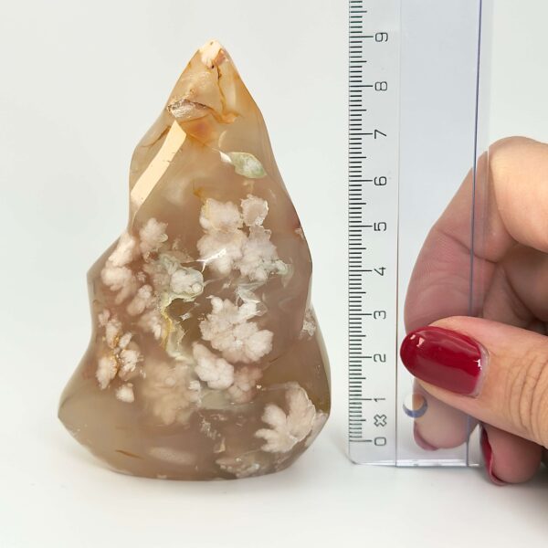 Agat Blomst Freeform Flamme krystal sten med lineal på hvid baggrund