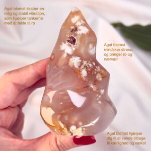 Agat Blomst Freeform Flamme krystal sten i hånd på hvid baggrund med tags