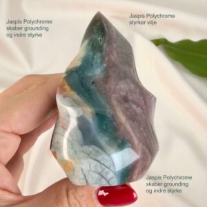 Jaspis Polychrom Freeform Flamme krystal sten i hånd på hvid baggrund med tags
