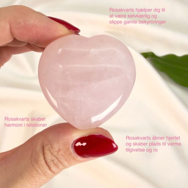 Rosakvarts Hjerte krystal sten i hånd på hvid baggrund med tags