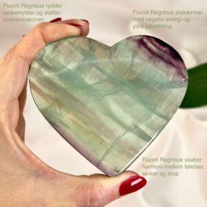 Fluorit Regnbue Hjerte Krystal Sten i hånd med tags på hvid baggrund